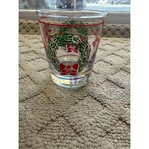 Vtg Christmas Wreath and Bells Low Ball Tumbler Holiday Glass Red & Green